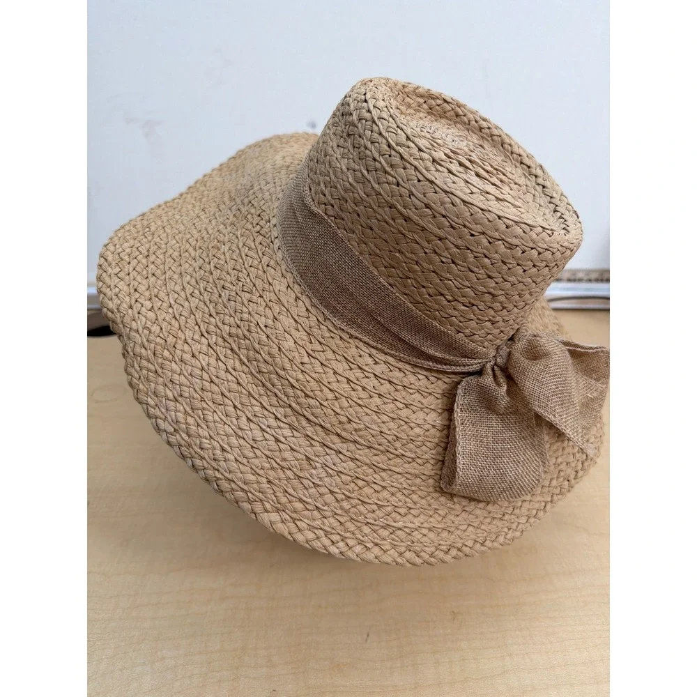 Woven Paper Straw Wide Brim Sun Hat with Burlap Bow Accent Tan Summer Beach Hat